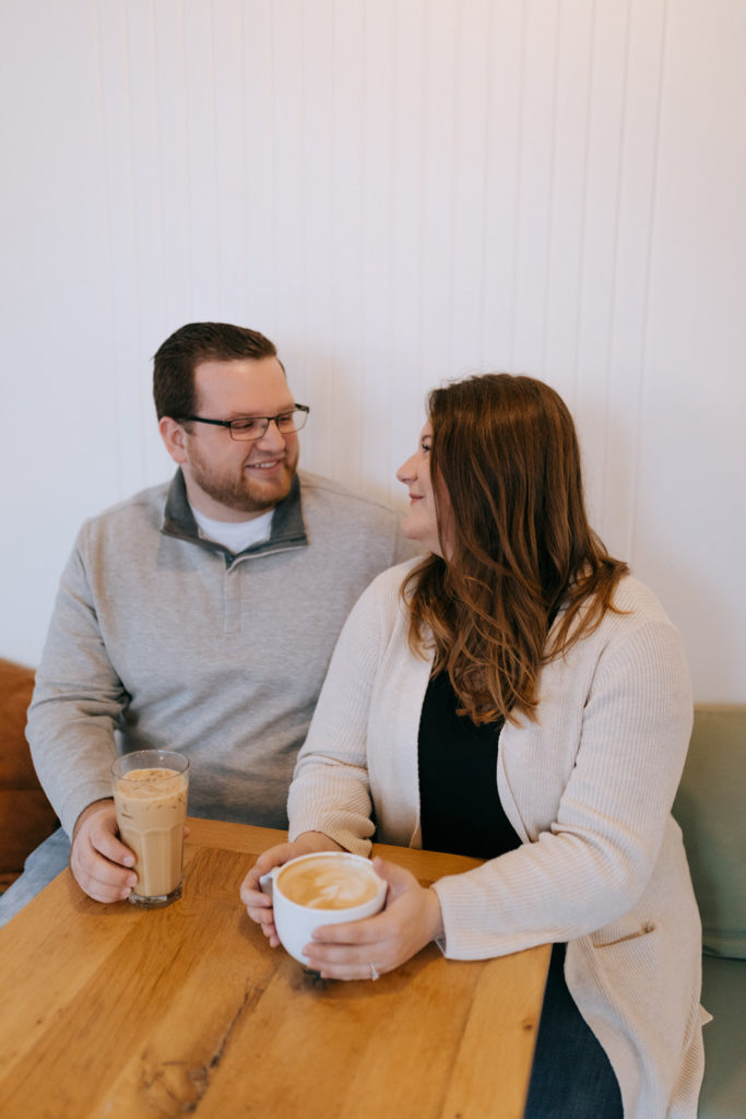 cozy engagement session at Ancora coffee shop in Madison, WI