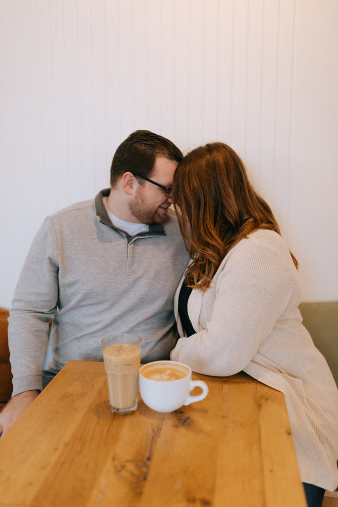 cozy engagement session at Ancora coffee shop in Madison, WI