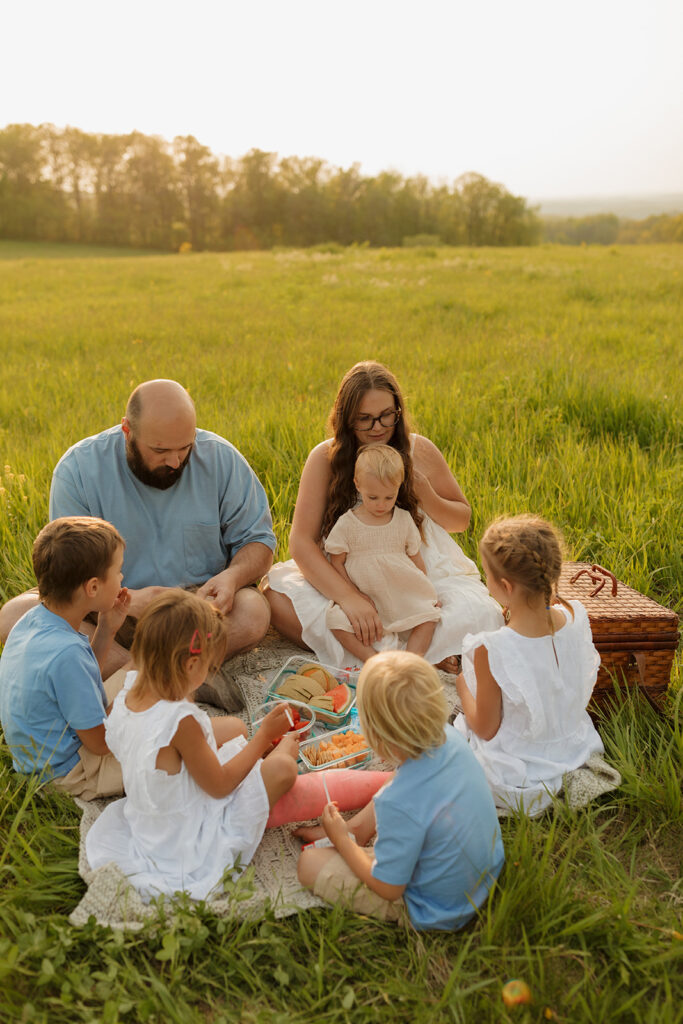 Annika Frame photographed this family session in Blue Mounds, Wisconsin where they had a picnic during golden hour