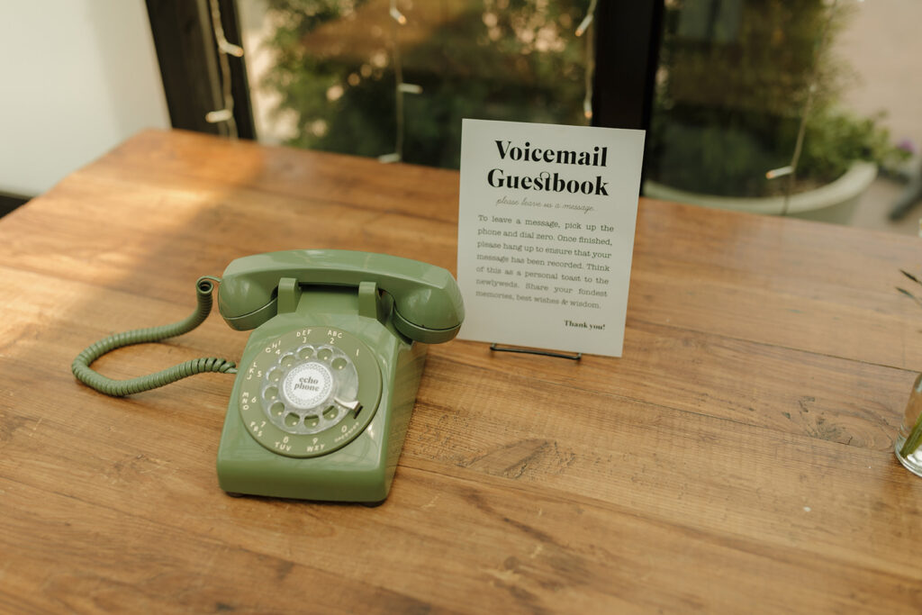 Wedding day guest book alternative voice mail service using a vintage green telephone