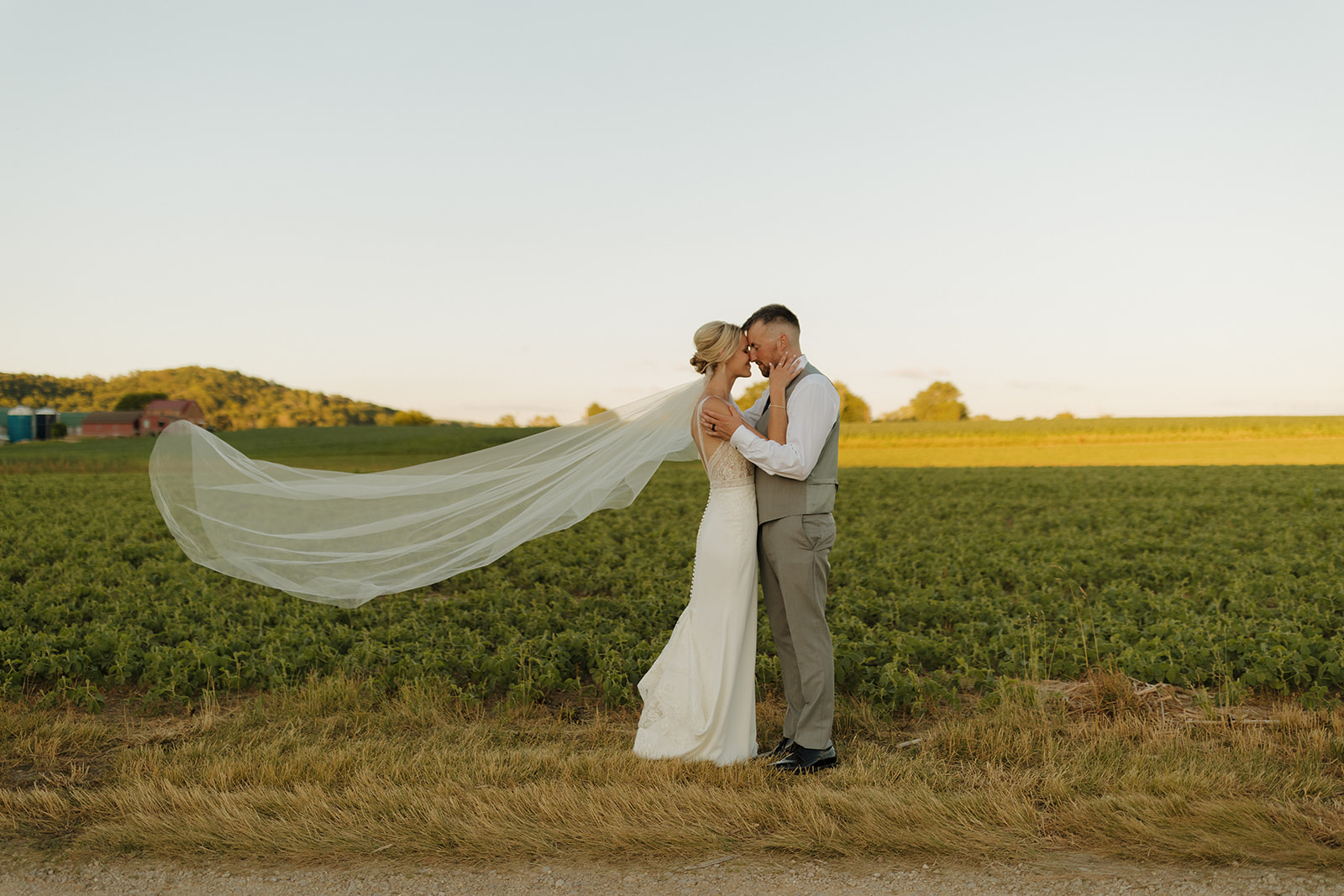 Newly married couple embraces with foreheads touching after backyard wedding while bride's veil blows in the wind