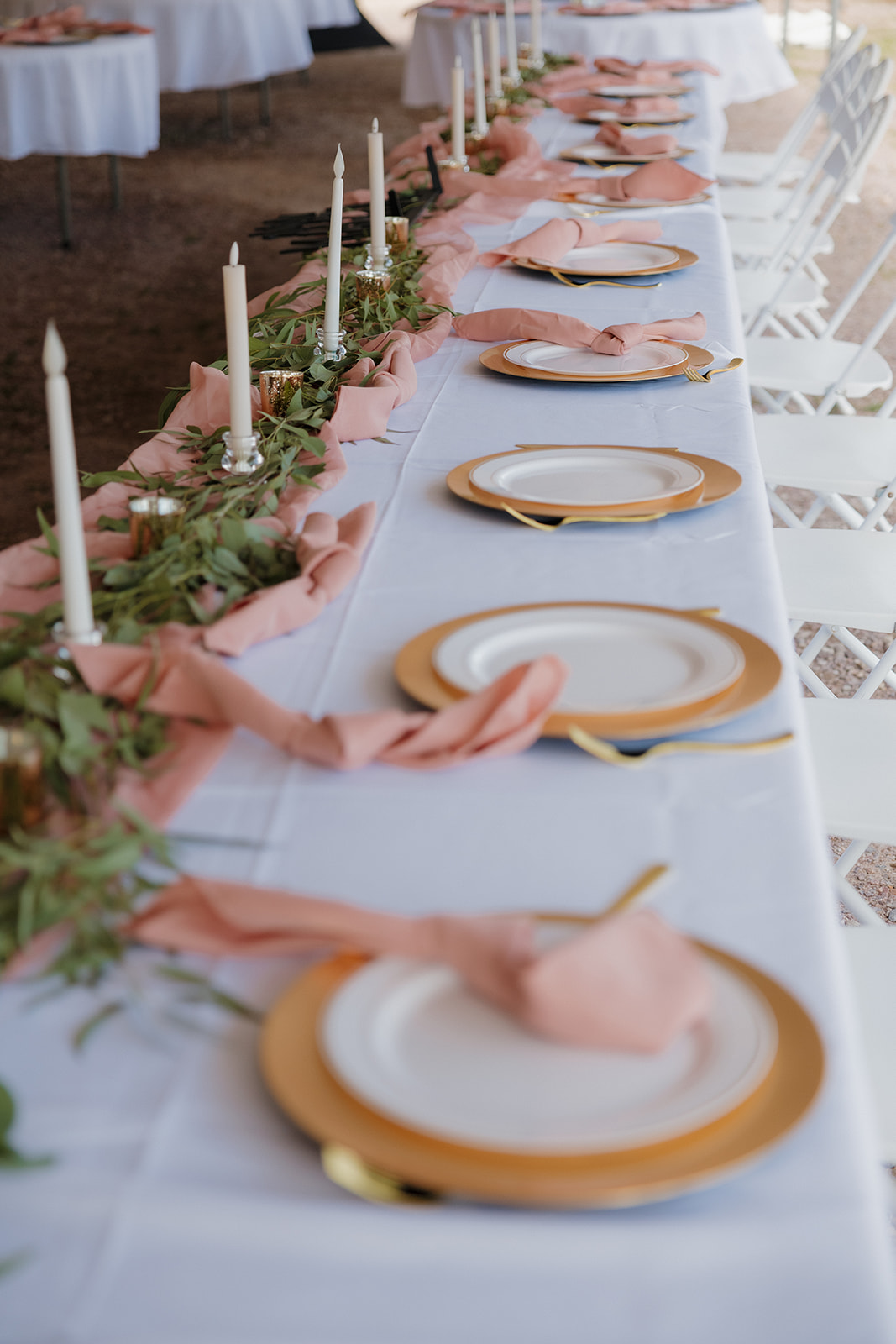 Reception table lined with gold-rimmed plates, blush napkins, and greenery garland, perfectly styled for a backyard wedding reception under the tent.