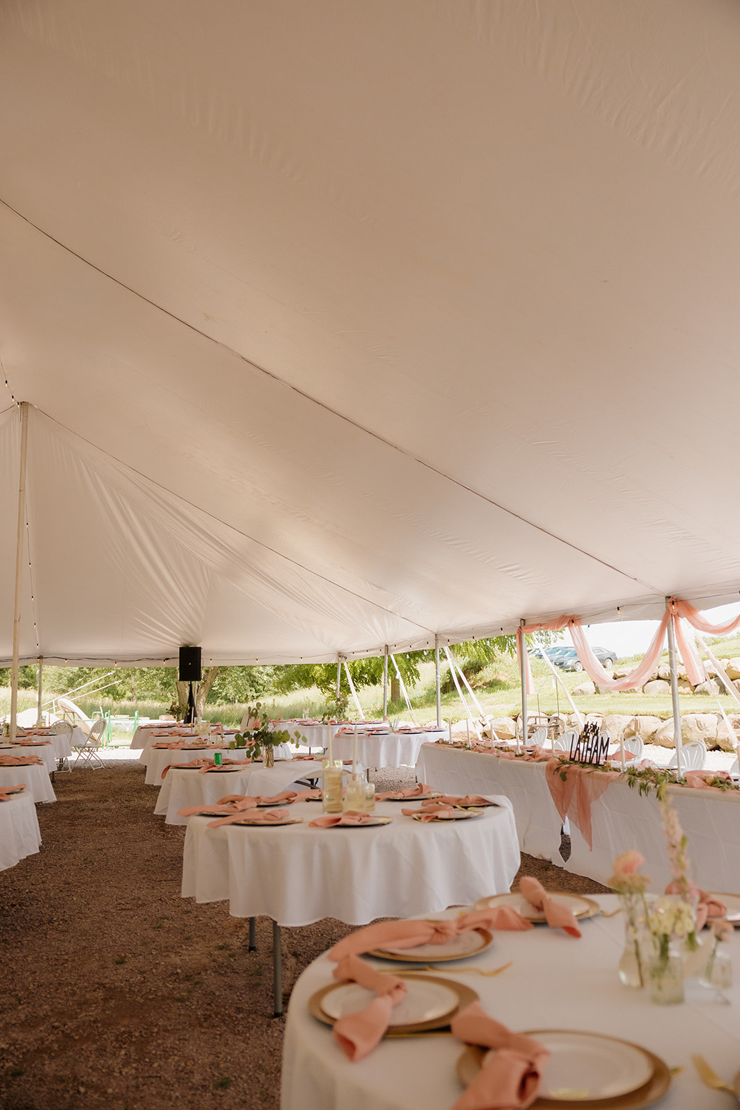 Elegant tented reception setup with round tables, blush napkins, and soft draping for a dreamy backyard wedding dinner.