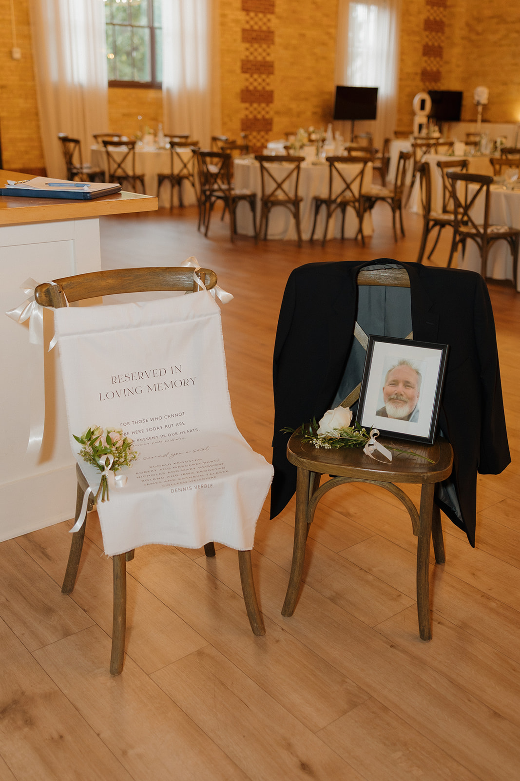 Memorial chairs for family members that have passed on reserving seats for them as a way to honor them. 