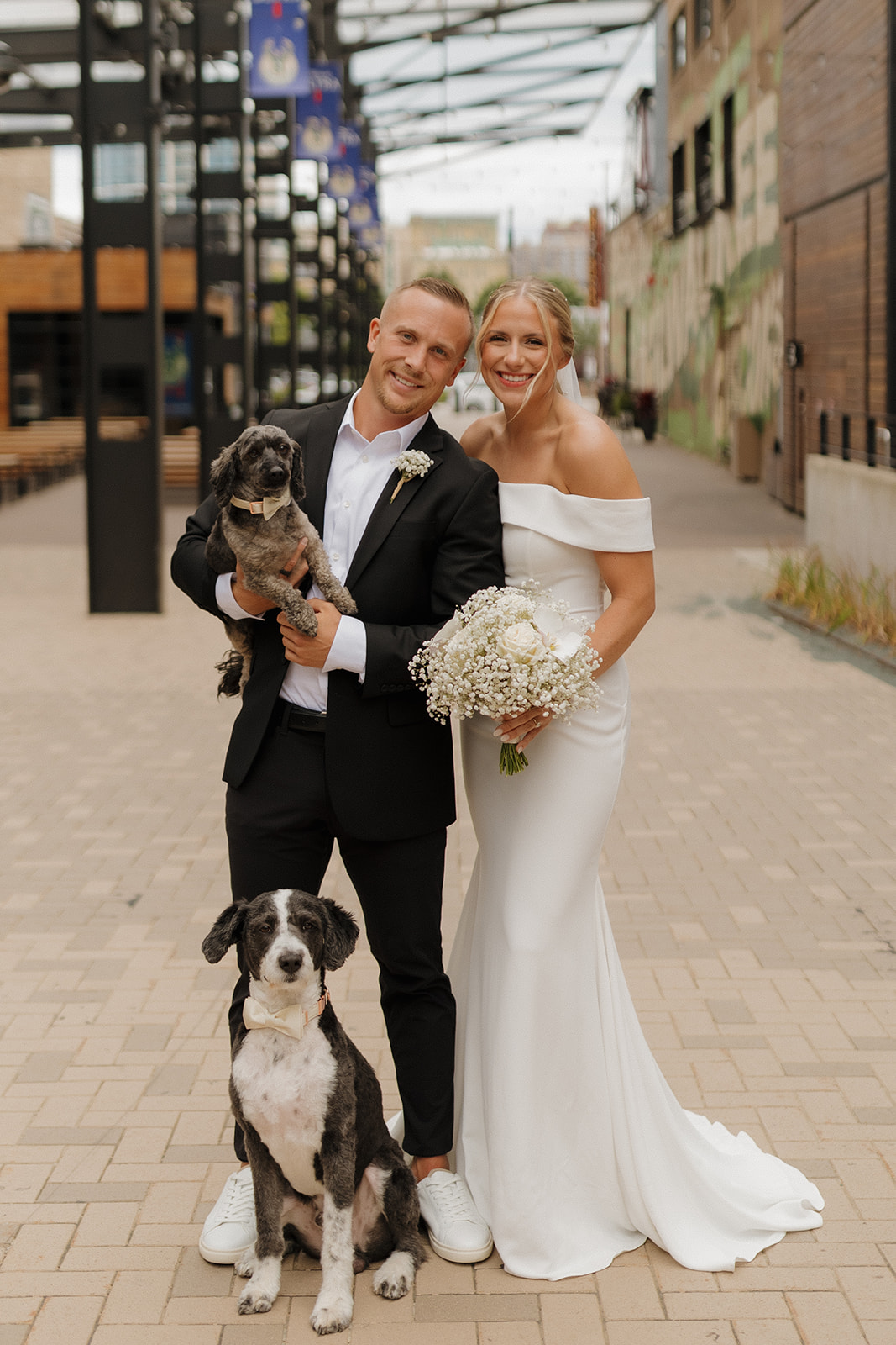 Newly married couple stand as a family with their pups downtown as their celebrating recent marriage.