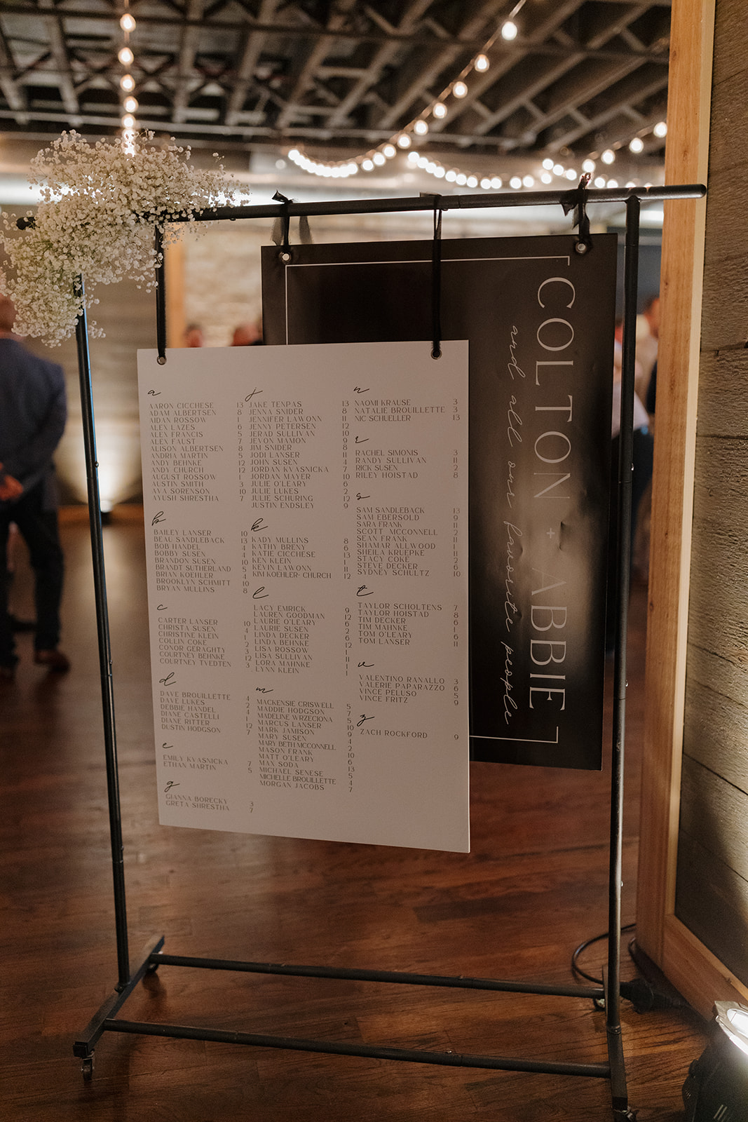 Custom black and white seating chart for wedding in Wisconsin