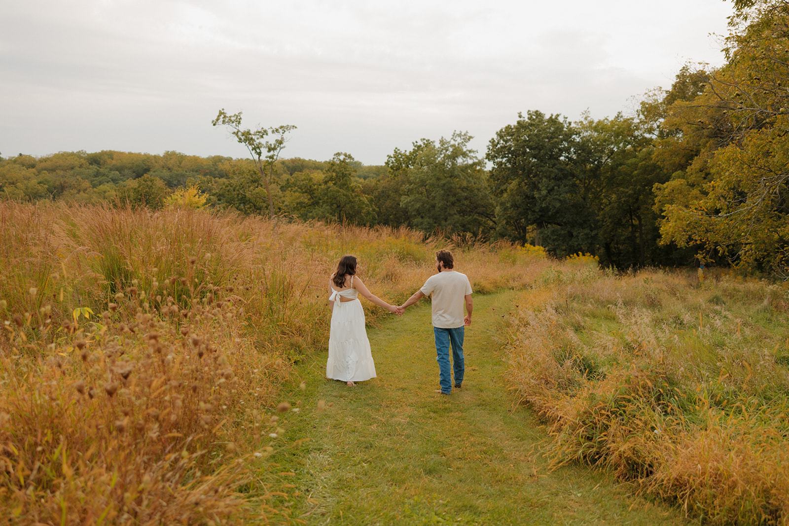 Back view of a couple walking hand-in-hand down a grassy path near Madison WI, surrounded by tall prairie grass.