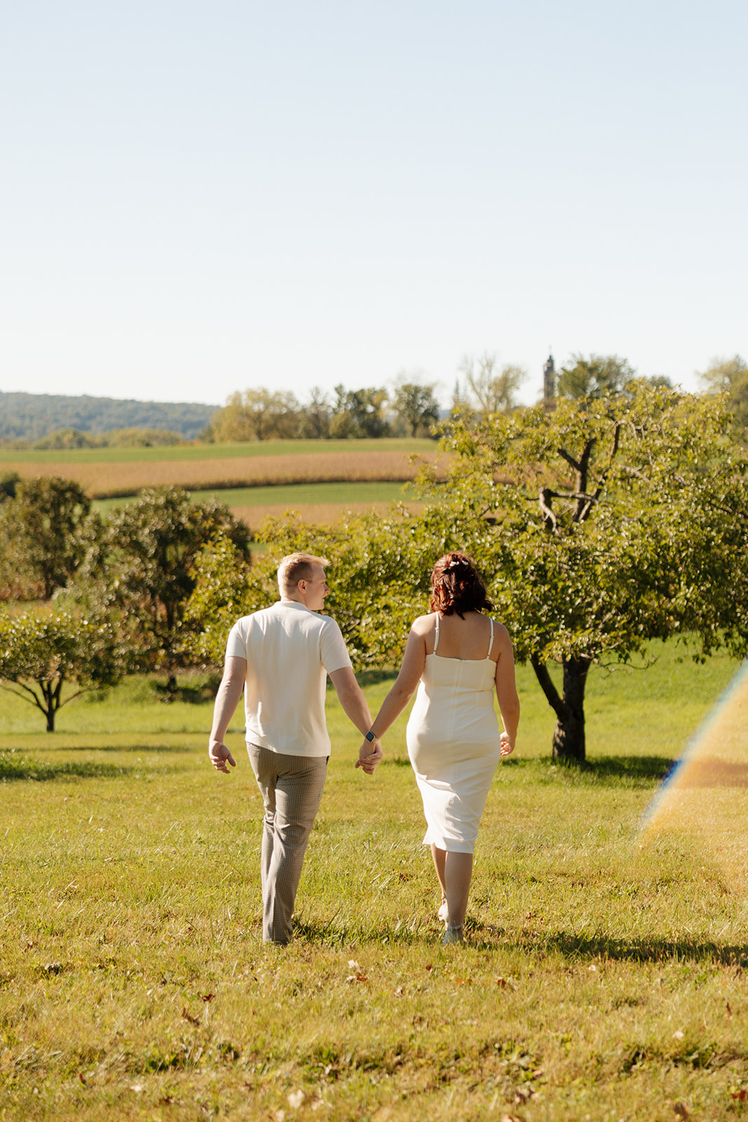 Walking away hand in hand through an open meadow, with soft hills in the background and a quiet, timeless feel.