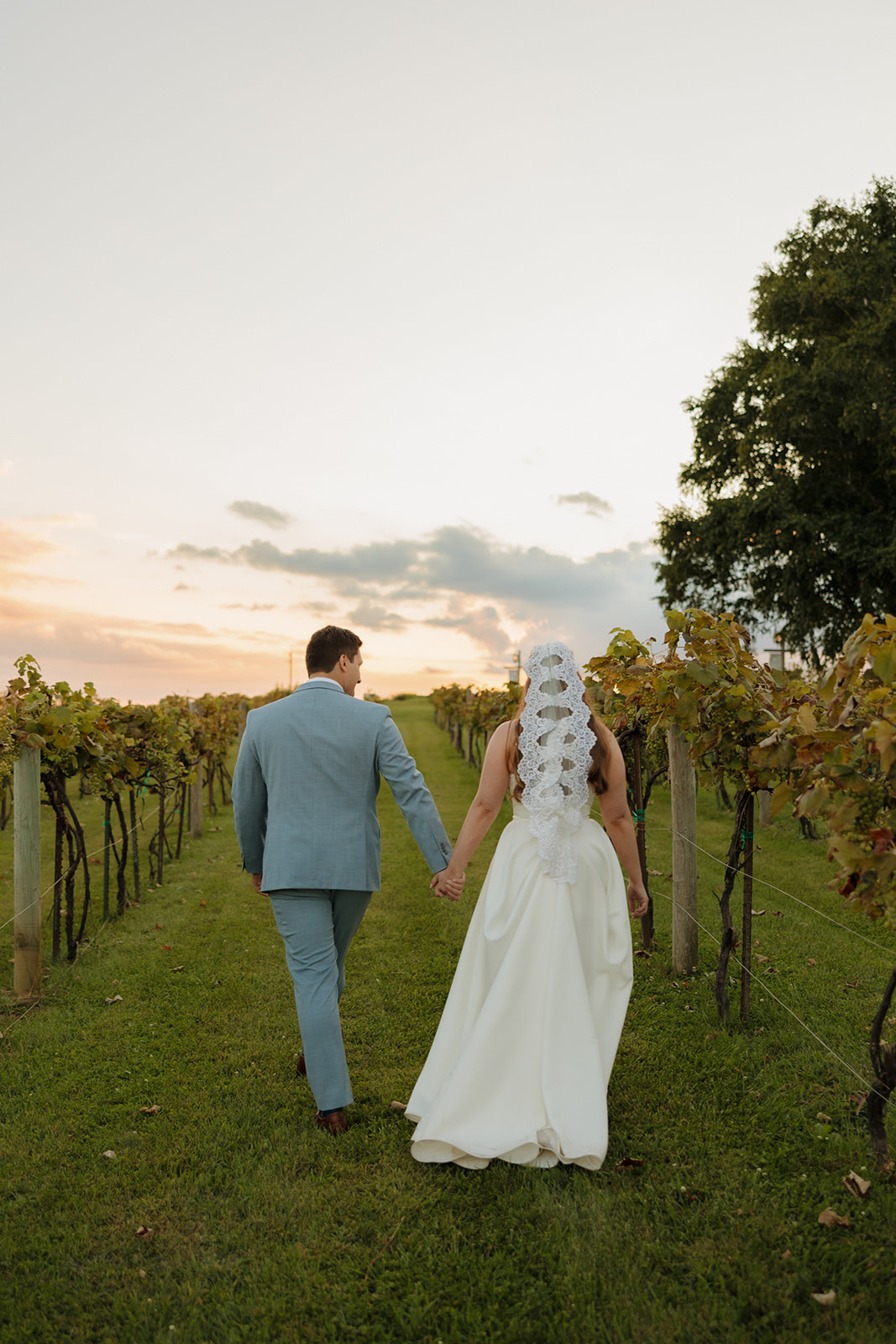 Bride and groom stroll through the vineyard as the sun dips low—serene and romantic vibes at a top Madison wedding venue.