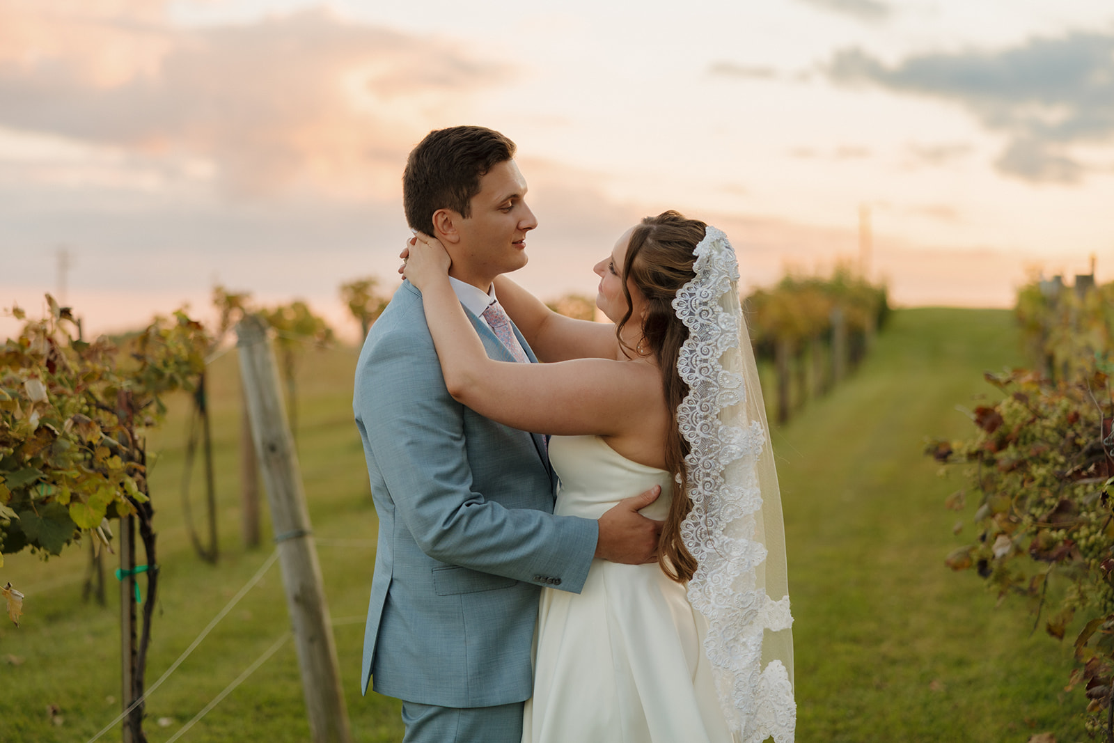 Newlyweds embrace at golden hour among the grapevines—one of the dreamiest Madison wedding venues for a romantic outdoor celebration.